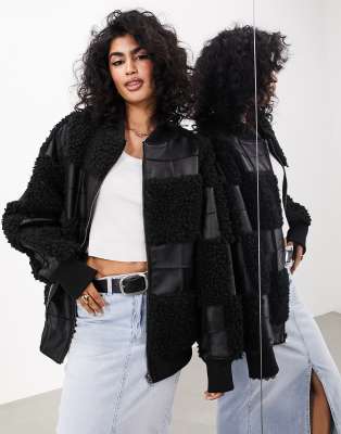 ASOS EDITION - Oversize-Bomberjacke aus Kunstleder in Schwarz mit Patchwork-Design