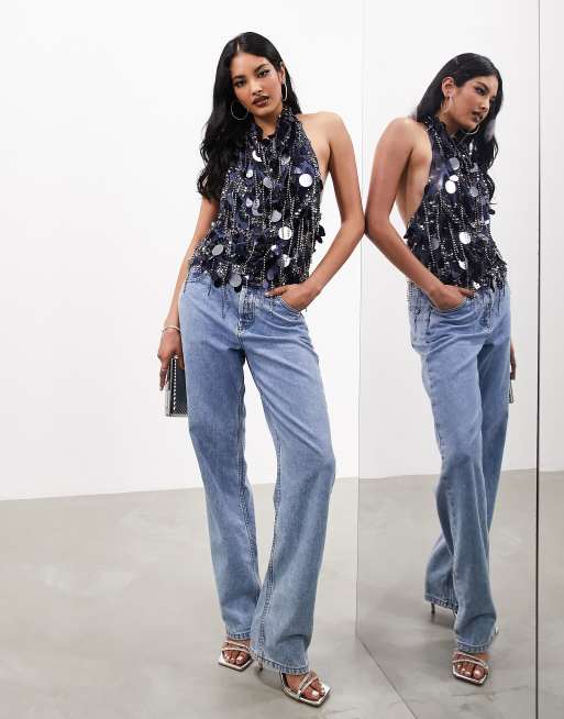 ASOS EDITION – Oversize-Neckholderoberteil in Grau mit Paillettenverzierug, Fransen und Wasserfallausschnitt, 2 von 4