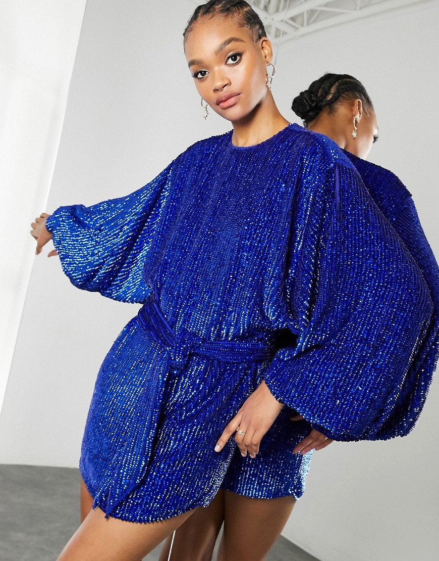 ASOS EDITION oversized blouson sleeve mini dress in royal blue sequin