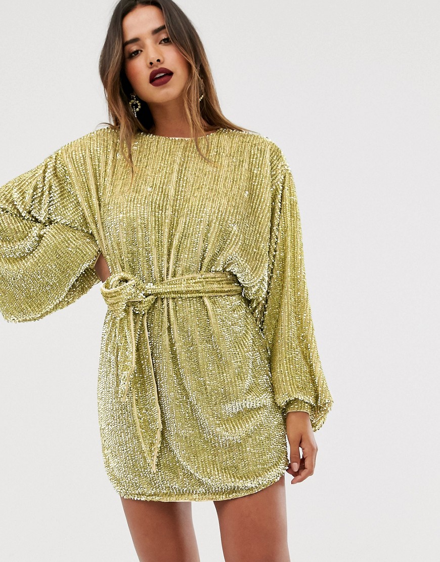 ASOS EDITION oversized blouson sleeve mini dress in sequin-Green
