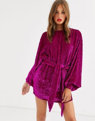 ASOS EDITION oversized blouson sleeve mini dress in sequin-Pink