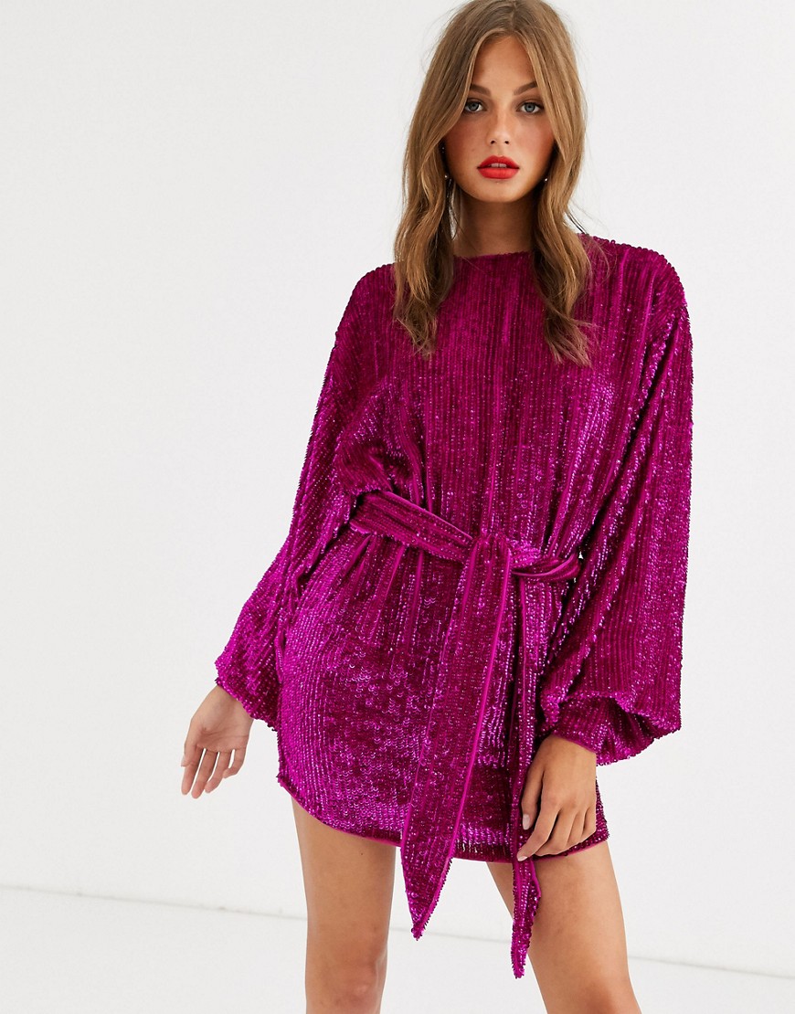 ASOS EDITION oversized blouson sleeve mini dress in sequin-Pink