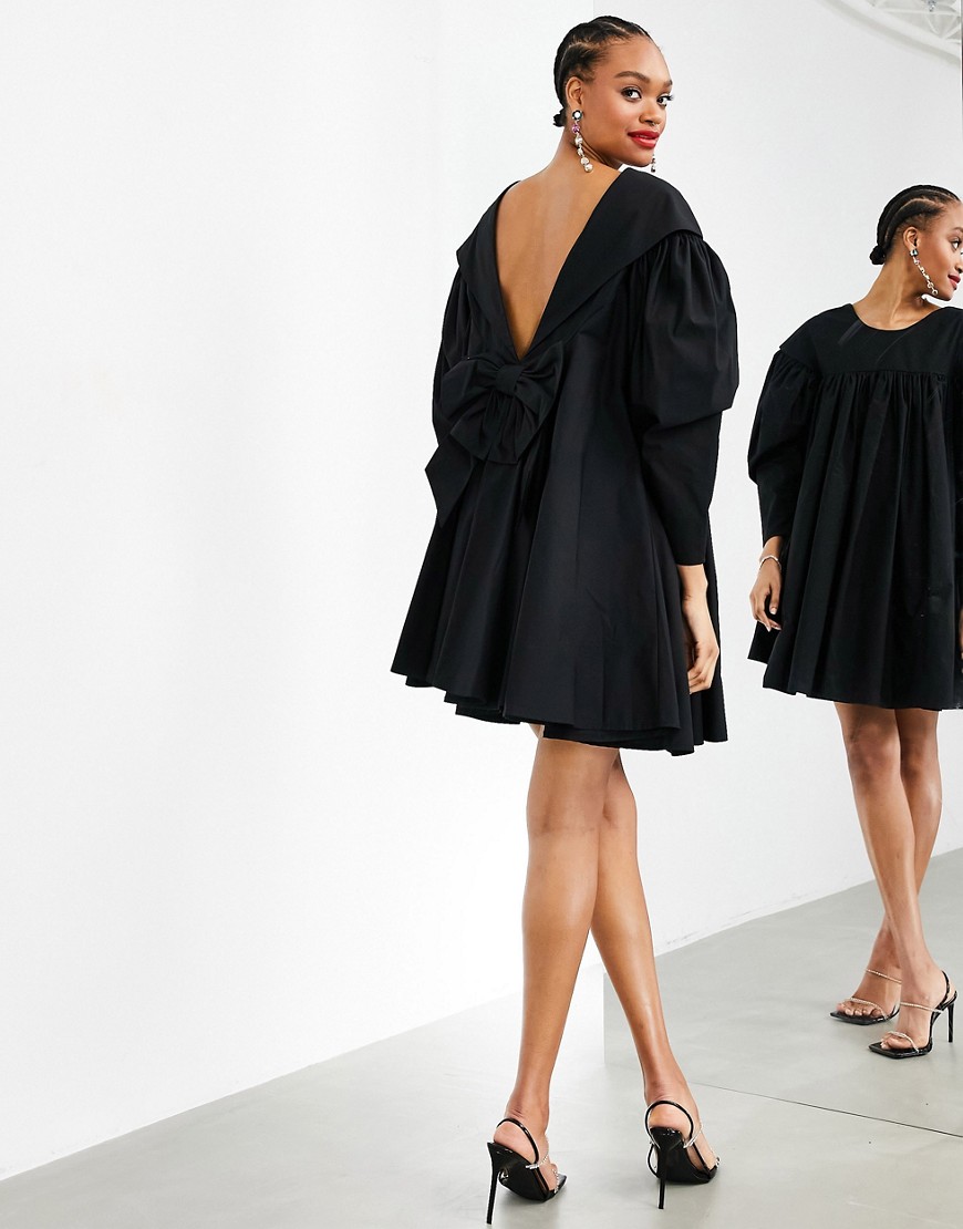 Asos Design Oversized Bow V-back Smock Dress In Black