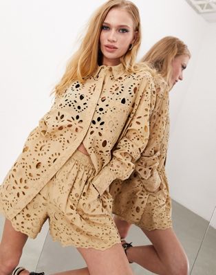 ASOS EDITION oversized broderie shirt in camel