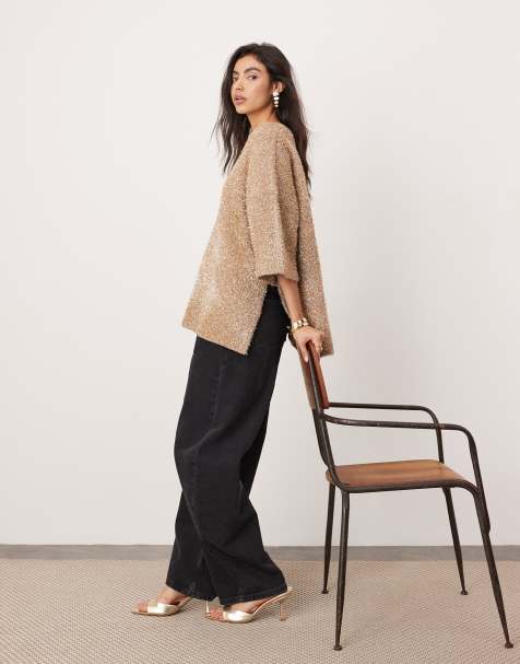 ASOS EDITION oversized compact knit metallic t-shirt in gold - view 1