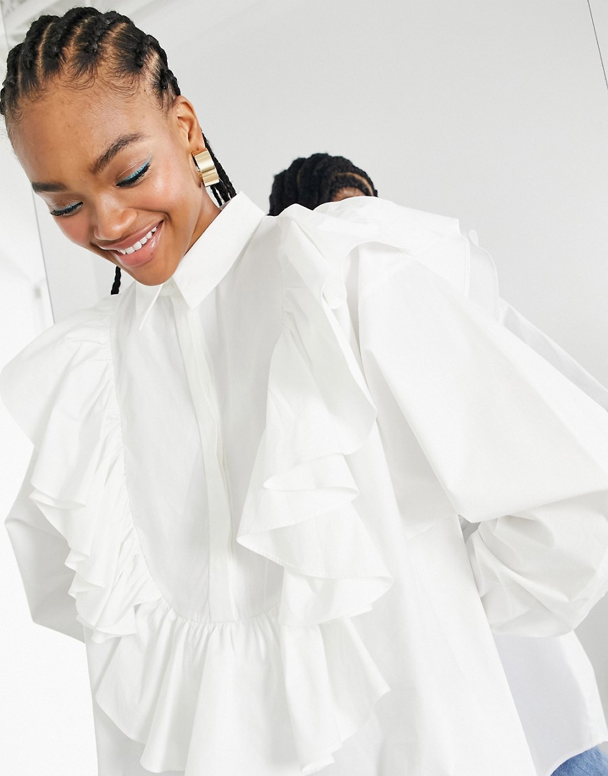 ASOS EDITION oversized cotton shirt with ruffle bib in white