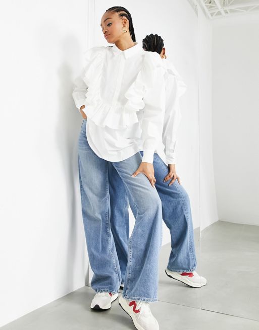 ASOS EDITION oversized cotton shirt with ruffle bib in white