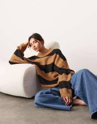 oversized crew neck knit striped sweater in camel and black-Multi