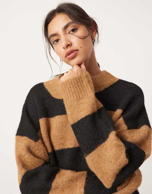 ASOS EDITION oversized crew neck knit striped sweater in camel and black