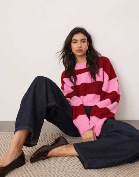 ASOS EDITION oversized crew neck knitted striped sweater in pink and red - view 1