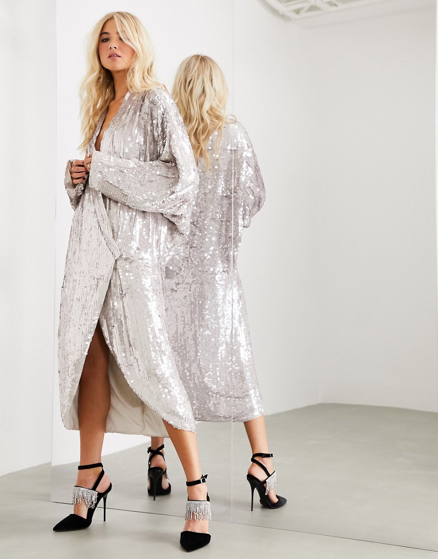 ASOS EDITION oversized embellished drape sleeve wrap midi dress-Silver