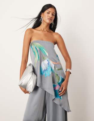 Asos Edition Oversized Floral Embroidered Bandeau Co-Ord Top With Asymmetric Hem In Charcoal-Grey