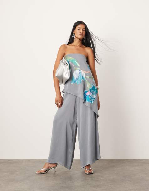 ASOS EDITION oversized floral embroidered bandeau top and wide leg trouser co-ord in charcoal - view 1