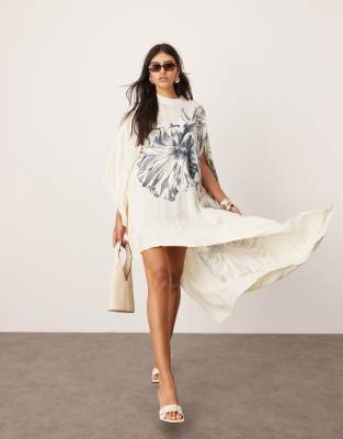 oversized floral embroidered high neck asymmetric hem midi dress in white