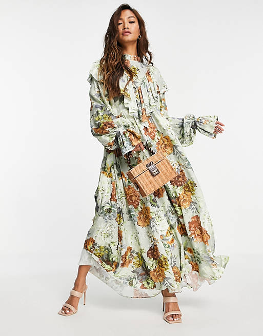 Designer Brands oversized floral maxi dress with ruffle 