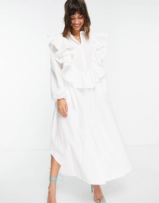 ASOS EDITION – Oversized Hemdkleid mit Rüschendetails in Weiß