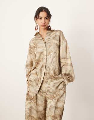 oversized hidden button shirt in landscape print - part of a set-Multi