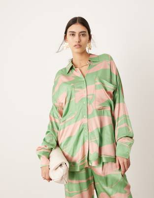 oversized long sleeve shirt in green and pink print - part of a set-Multi