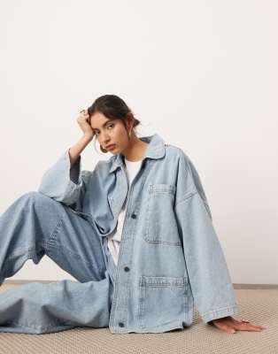 oversized mansy denim shacket in bleach blue