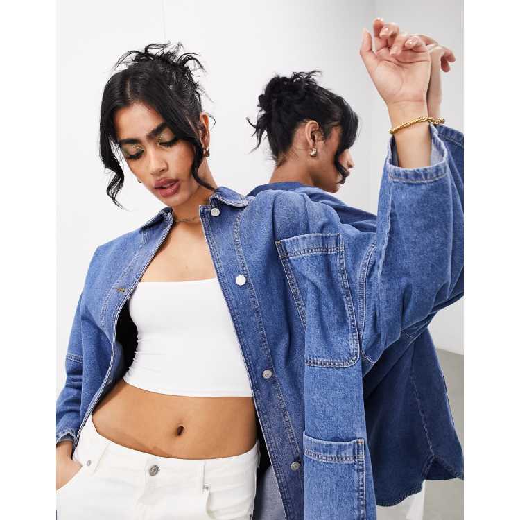 ASOS EDITION oversized mansy denim shacket in mid blue