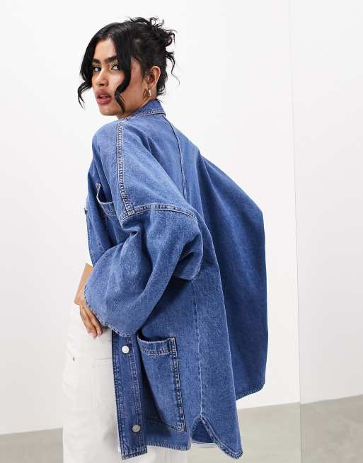 ASOS EDITION oversized mansy denim shacket in mid blue