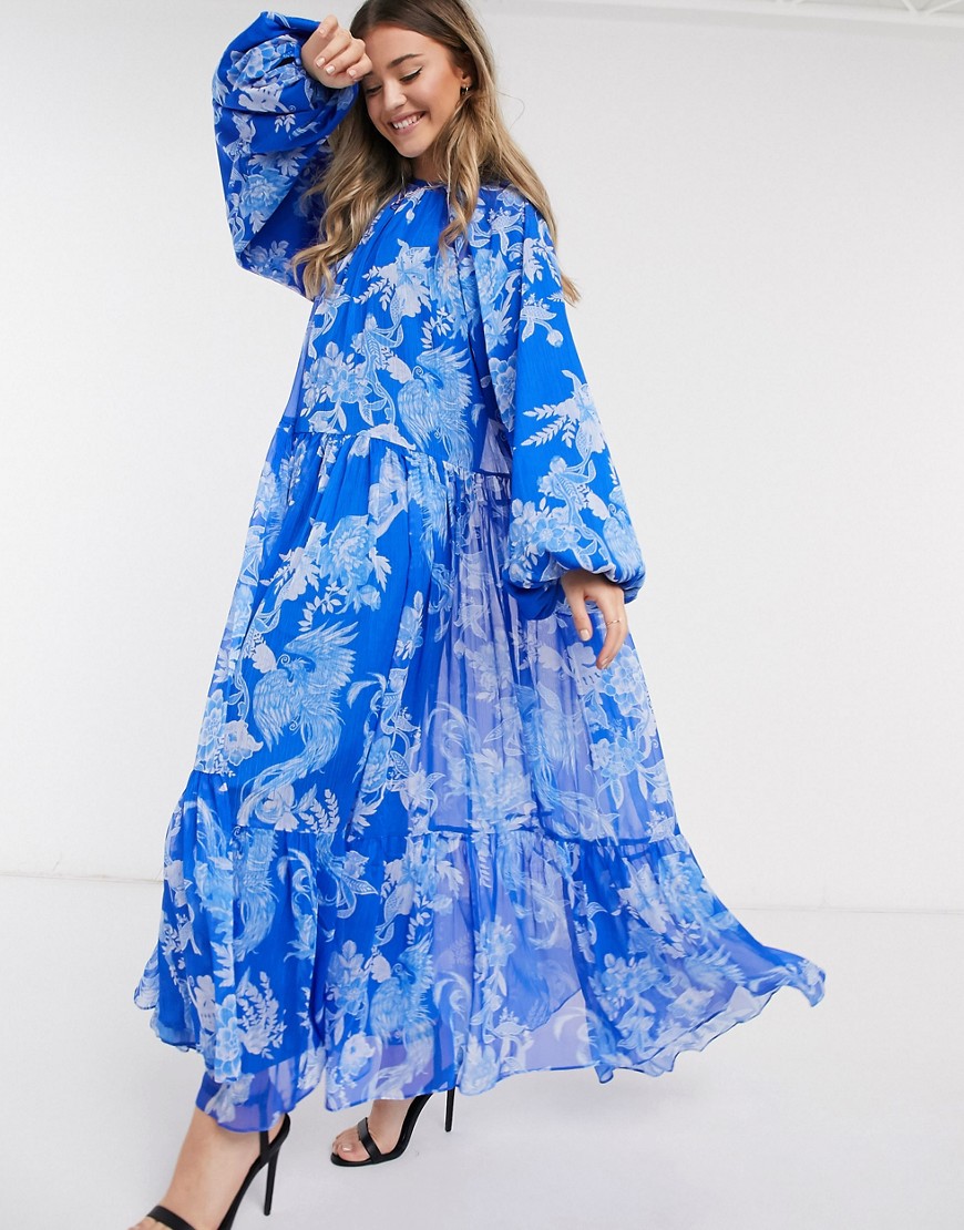 ASOS EDITION oversized maxi dress in blue phoenix floral print-Multi