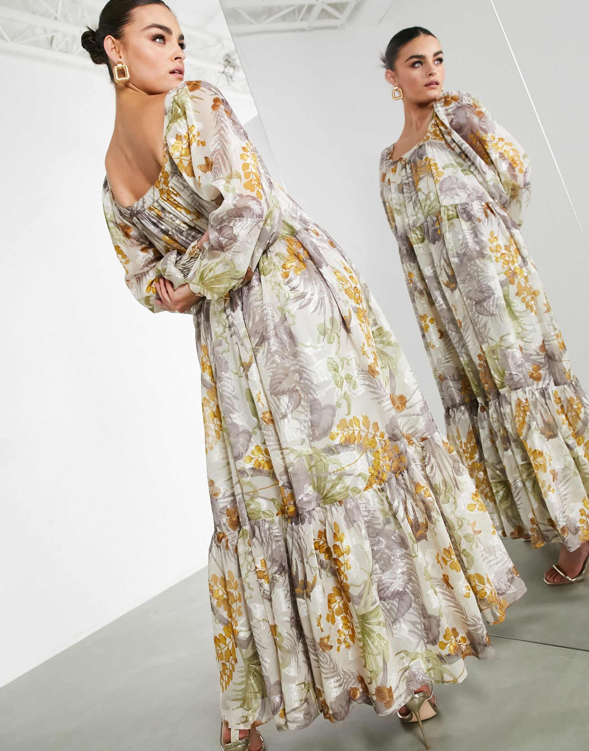 asos edition oversized maxi dress in floral satin burnout with square neck