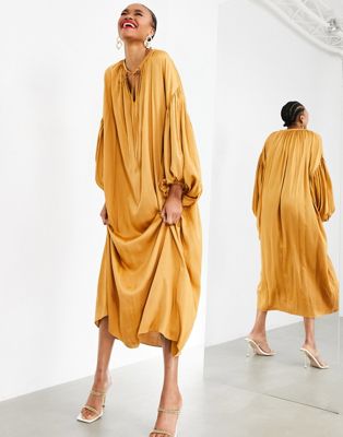 Asos Design Oversized Maxi Dress With Blouson Sleeve In Caramel-gold