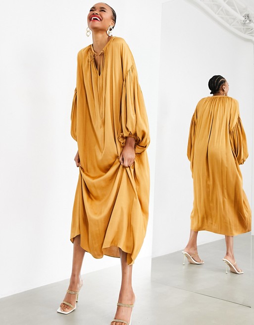 ASOS EDITION oversized maxi dress with blouson sleeve in caramel