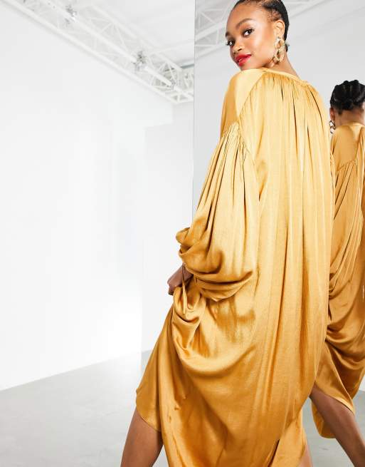 ASOS EDITION oversized maxi dress with blouson sleeve in caramel, 2 of 4