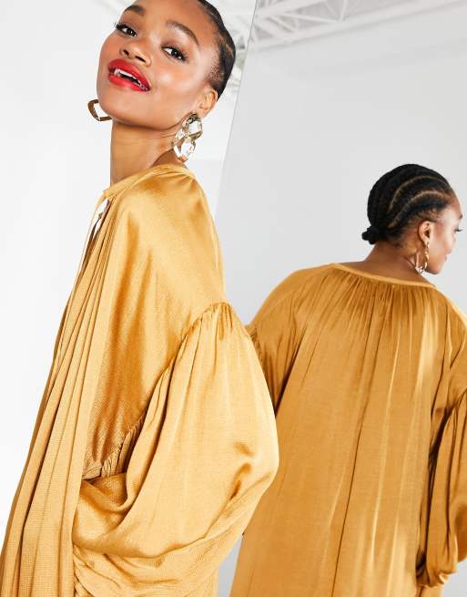 ASOS EDITION oversized maxi dress with blouson sleeve in caramel, 3 of 4