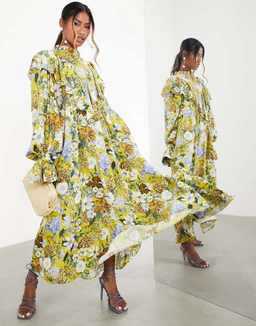 ASOS EDITION oversized maxi dress with ruffle in yellow floral print | ASOS