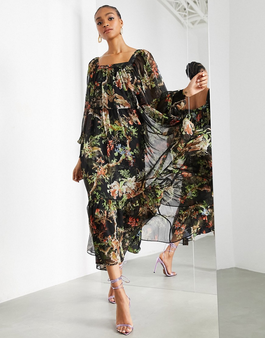ASOS EDITION oversized maxi dress with square neck in woodland print-Multi