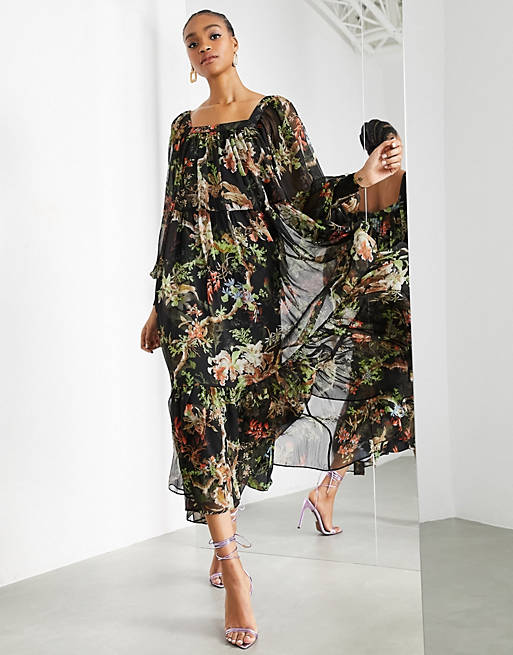 Women oversized maxi dress with square neck in woodland print 