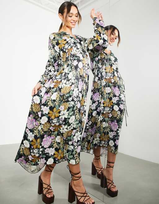 ASOS EDITION - Oversized midi-jurk met trekkoord en V-hals in bloemenprint