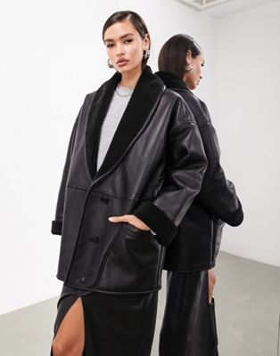 Asos Design Oversized Real Leather Borg Lined Jacket In Black