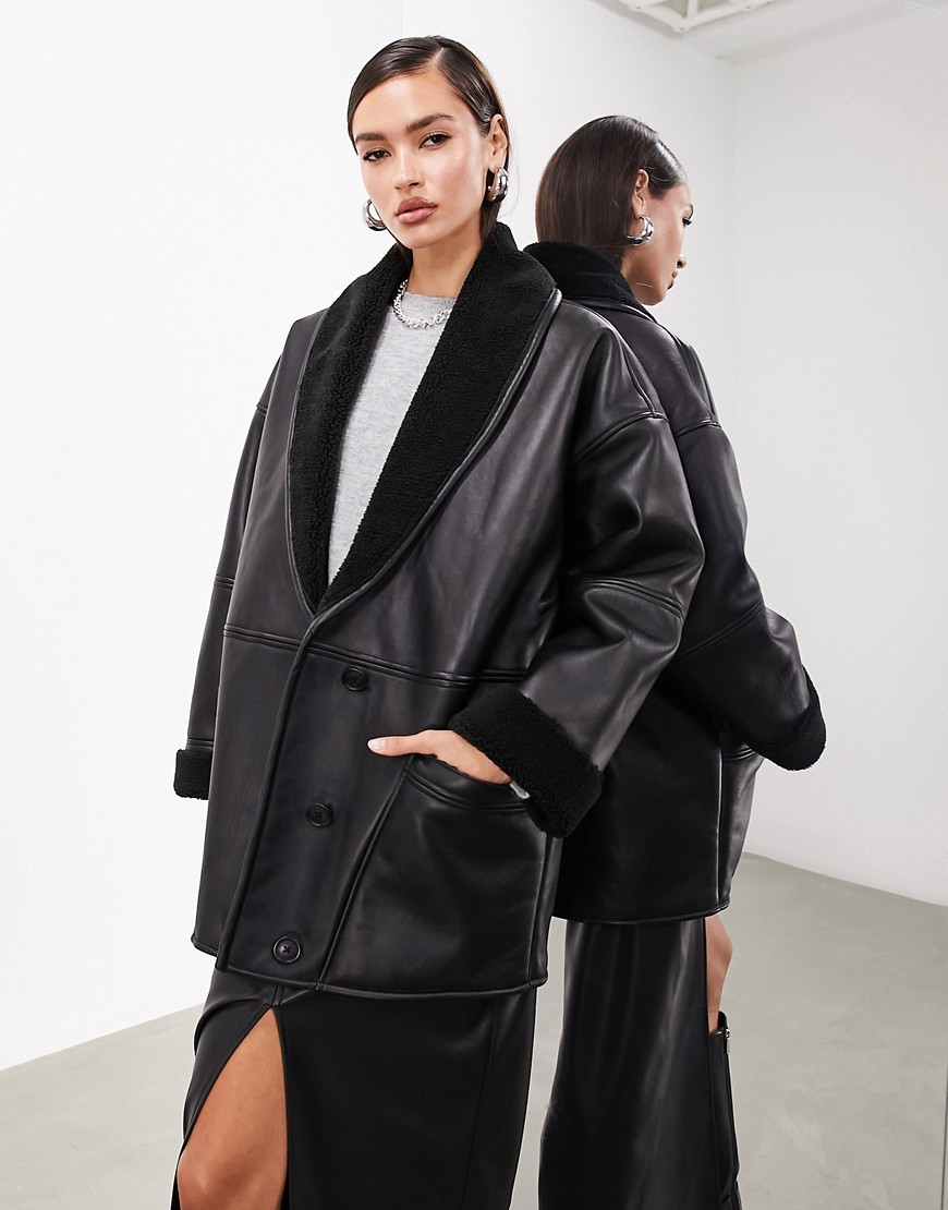 ASOS EDITION oversized real leather borg lined jacket in black