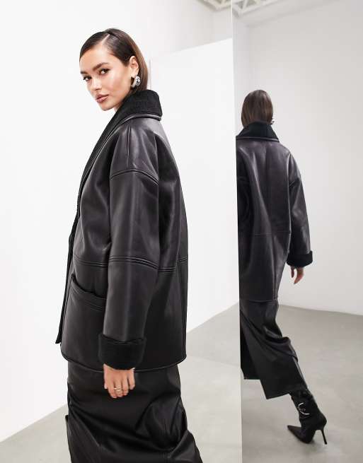 ASOS EDITION oversized real leather borg lined jacket in black ASOS