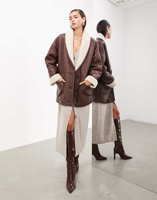 Topshop Tall faux leather shearling oversized car coat with borg lining in  brown