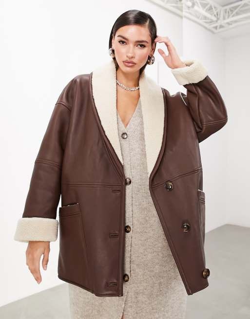 ASOS EDITION oversized real leather borg lined jacket in brown ASOS