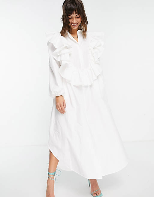 Dresses oversized shirt dress with ruffle detail in white 