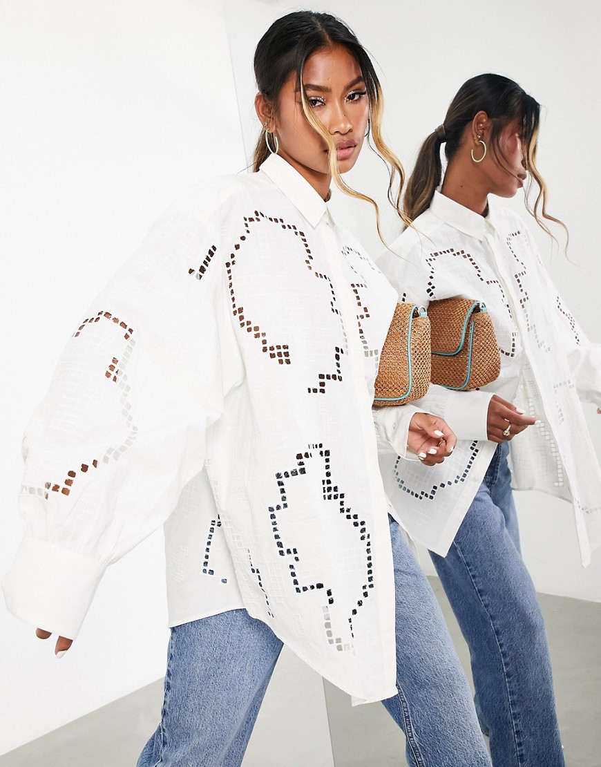 ASOS EDITION oversized shirt with geo cutwork in ivory-White