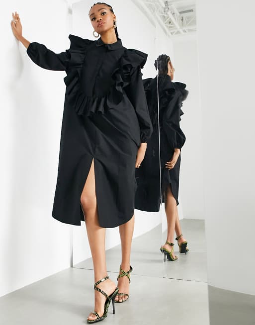 ASOS EDITION - Oversized skjortekjole med flæsedetaljer i sort