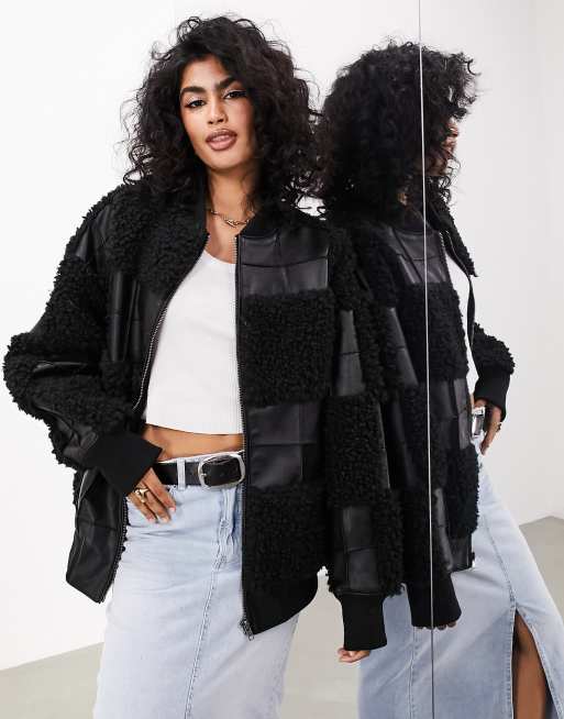 ASOS EDITION - Oversized sort bomber-jakke i imiteret læder med patchwork-design