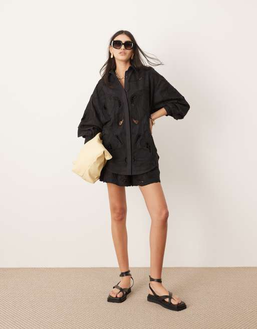 ASOS EDITION - Oversized sort skjorte med udskåret broderie anglaise-mønster - Del af sæt