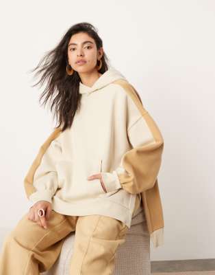 oversized split hem color block hoodie in camel and oat-Multi