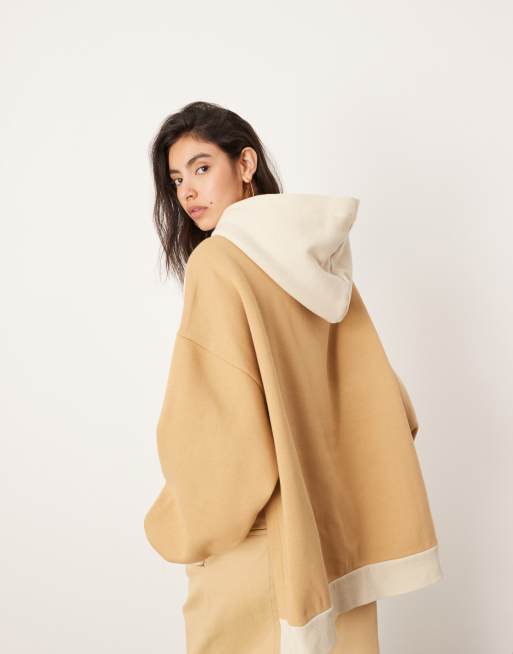 ASOS Edition Oversized Split Hem Color Block Hoodie in Camel and oat Multi