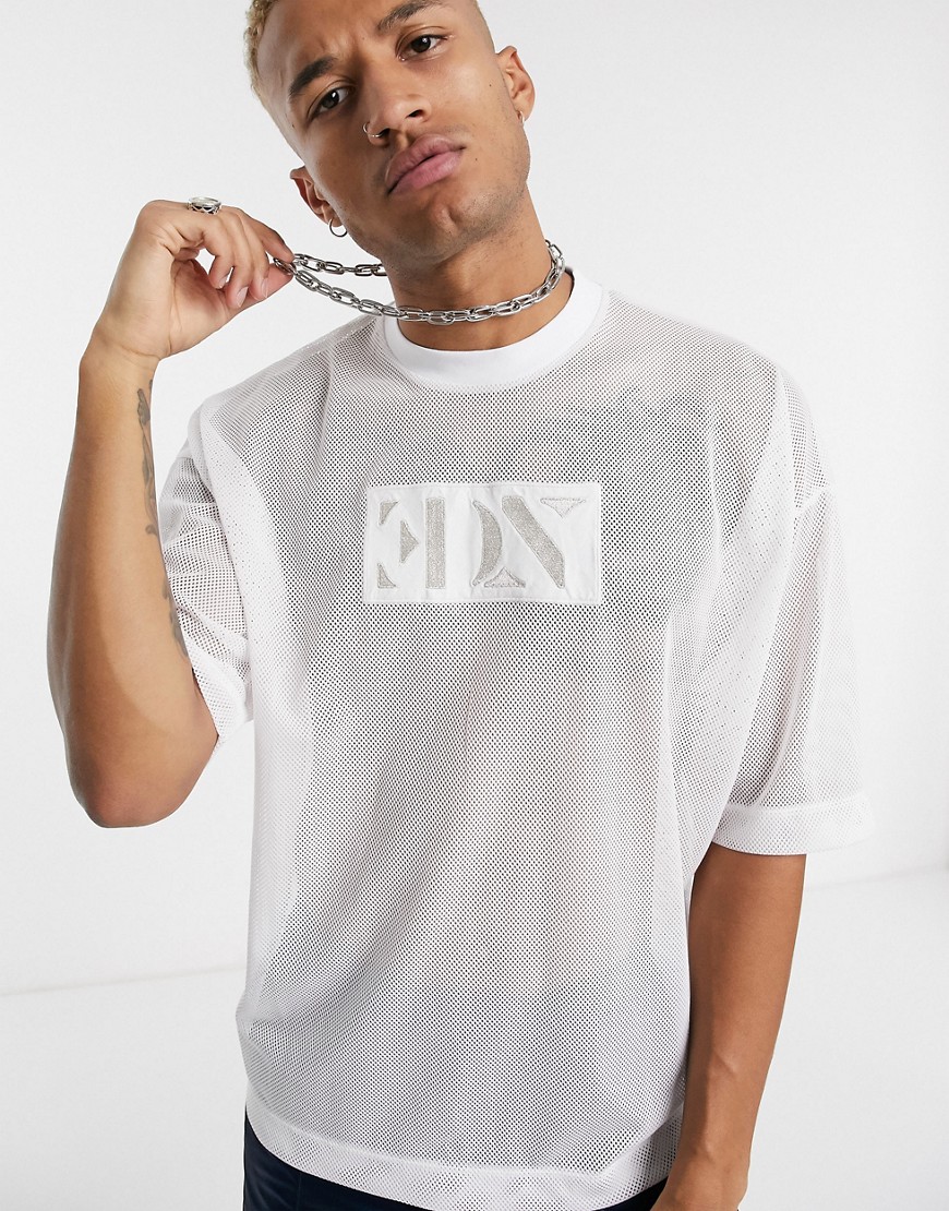 ASOS EDITION oversized t-shirt in mesh with metallic logo embroidered badge-White