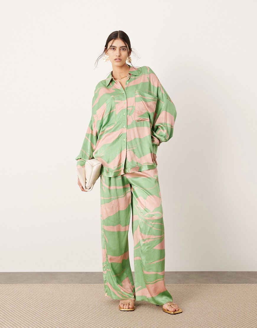 oversized tailored wide leg pants in green and pink print - part of a set-Multi