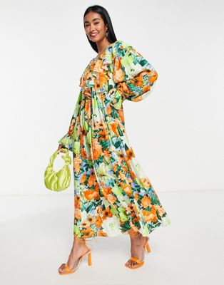 ASOS EDITION oversized v neck maxi dress with ruffle in neon floral print